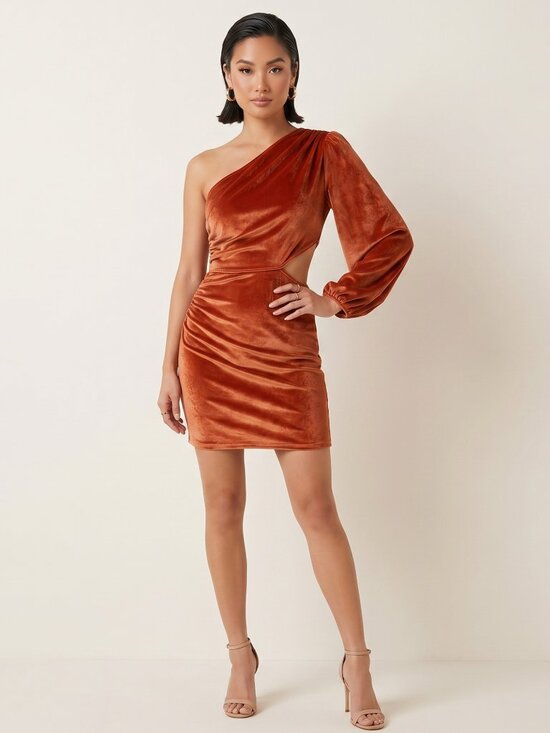Dresses & Skirts - New Orange Rust Velvet One Shoulder Cutout Mini Dress Ruched Bodycon | Large
